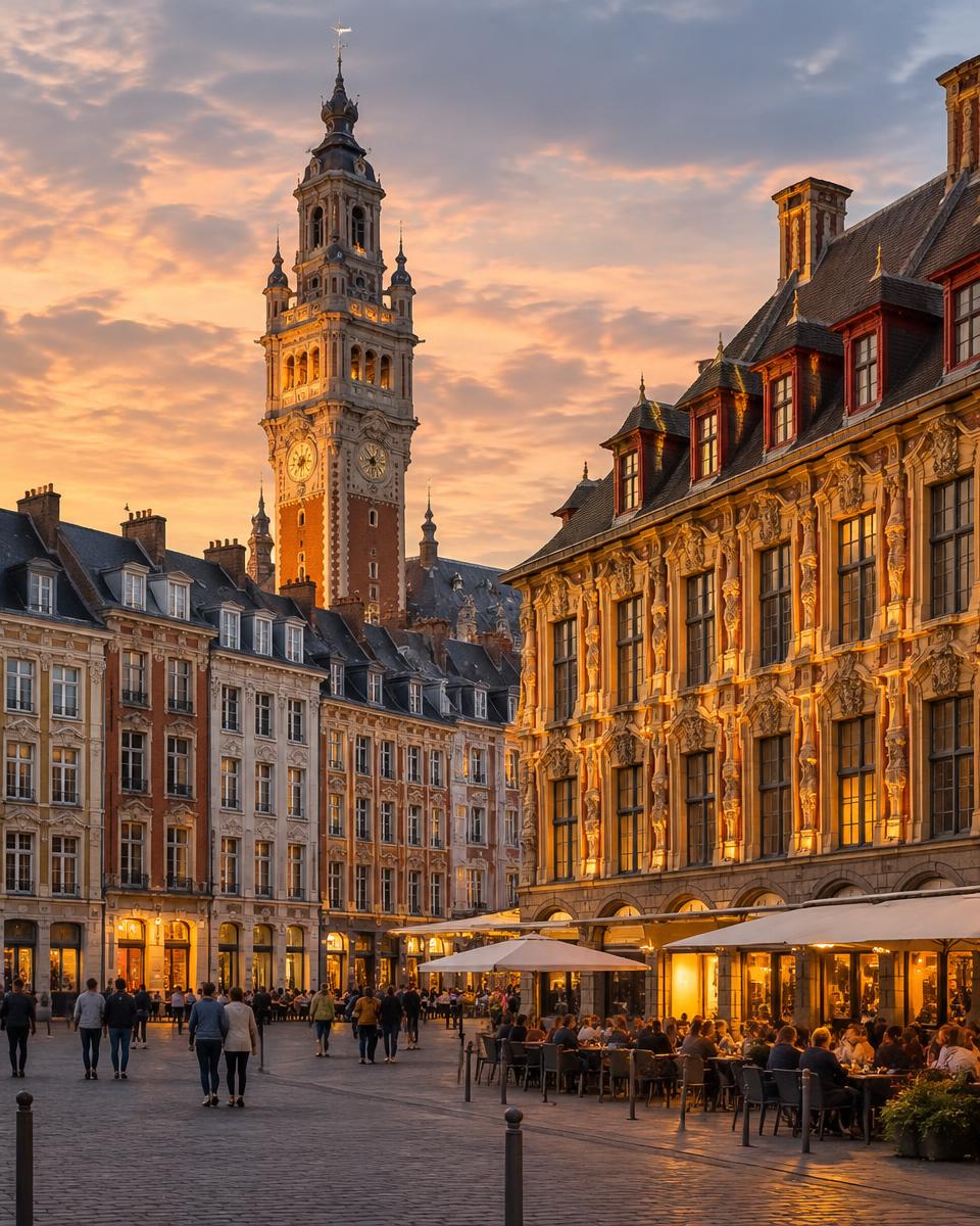 Architecture de la Grand’Place de Lille au coucher du soleil